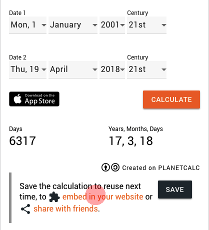 Planetcalc calculator page with the widget embedding link.