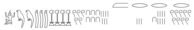 O número fracionário em hieróglifos Egípcios antigos. A inscrição diz 1 234 567+1/2+1/3+1/18+1/900 (1 234 567.89 em decimal) .